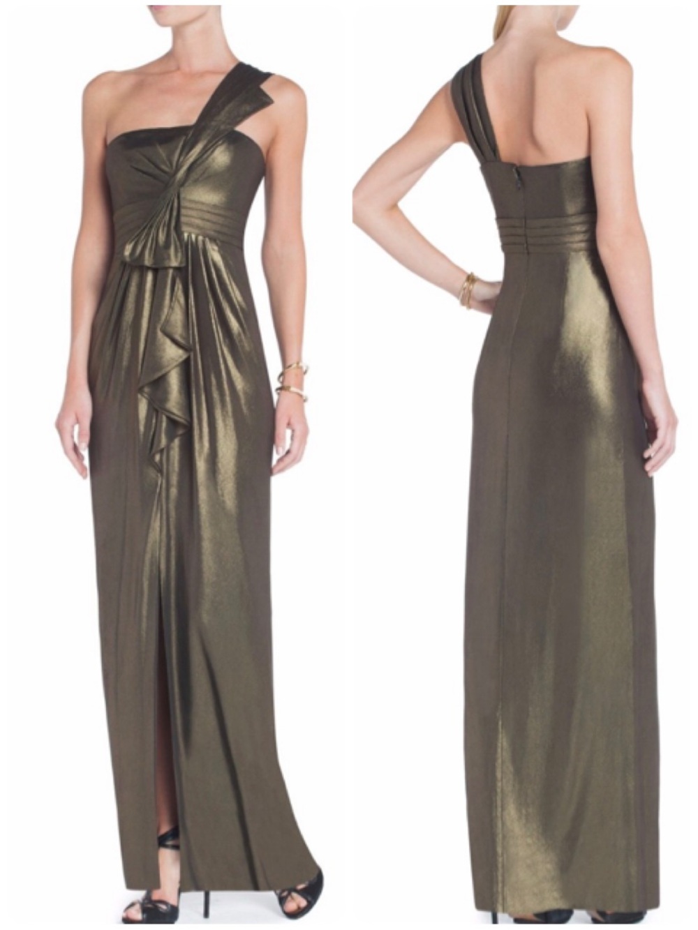 BCBG Max Azria Barbara Gold Black Maxi Dress Metallic One-Shoulder Evening Gown